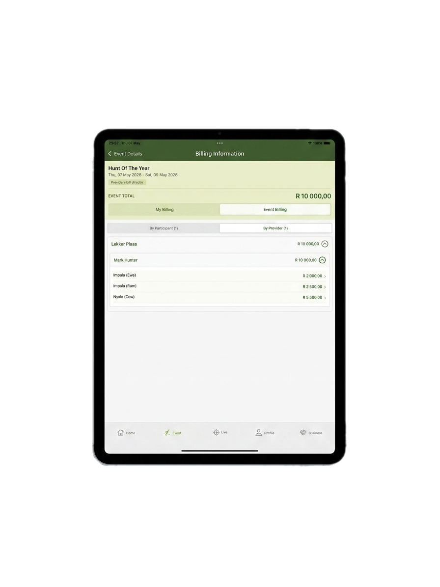 OnsJag Billing Information screen showing event totals grouped by participant and provider