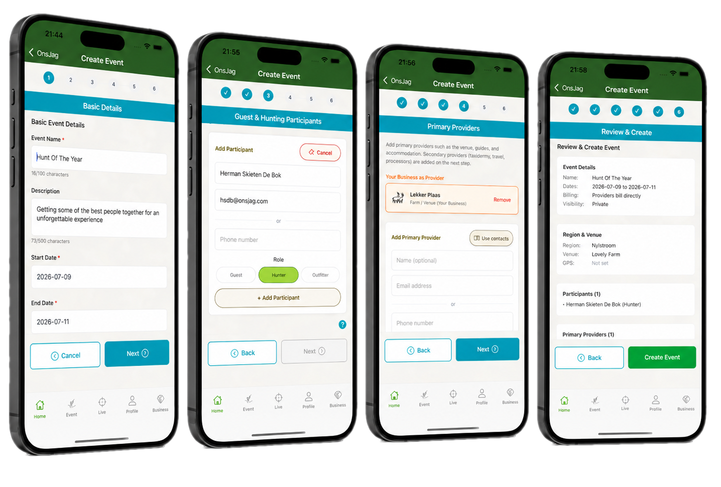 OnsJag Create Event wizard shown across four mobile app screens