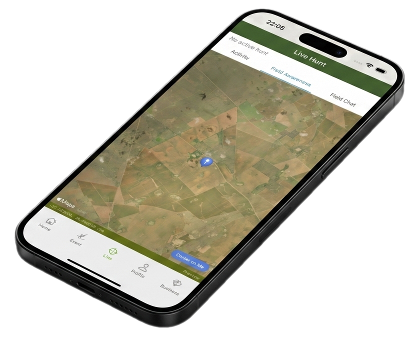 OnsJag Field Awareness map shown in the Live Hunt screen on mobile