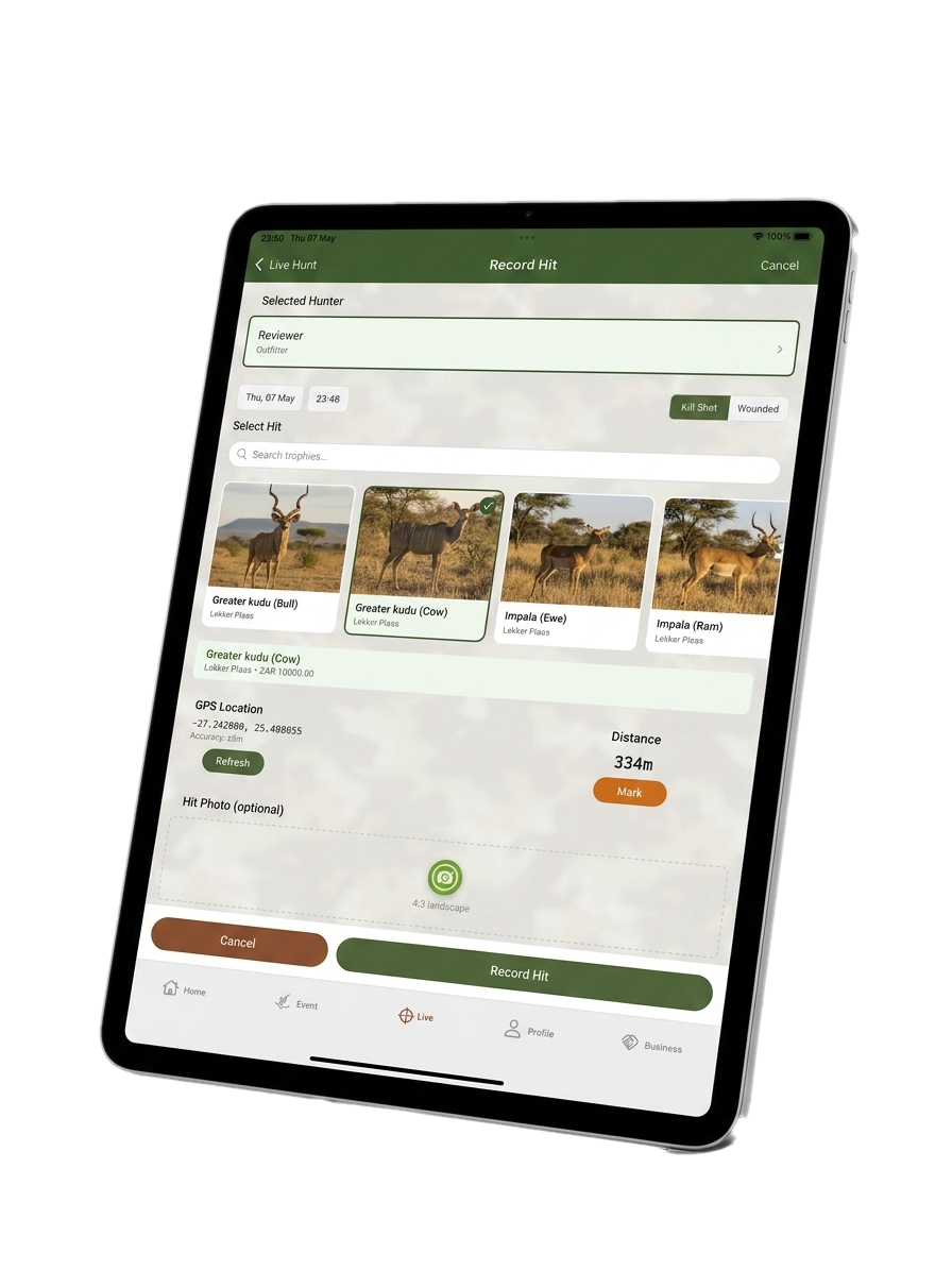 OnsJag Live Hunt Record Hit screen showing species selection, GPS location, and photo capture