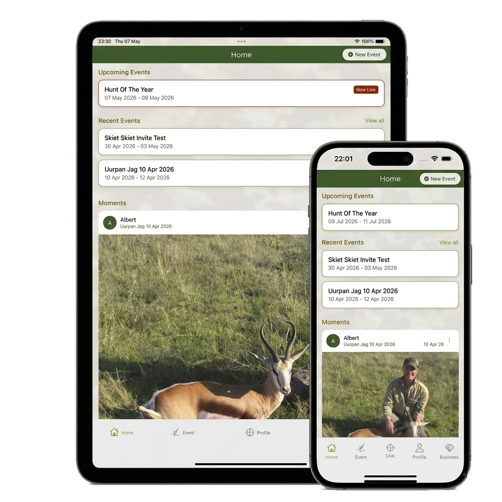 OnsJag Moments feed showing hunt events and trophy-backed posts on tablet and mobile