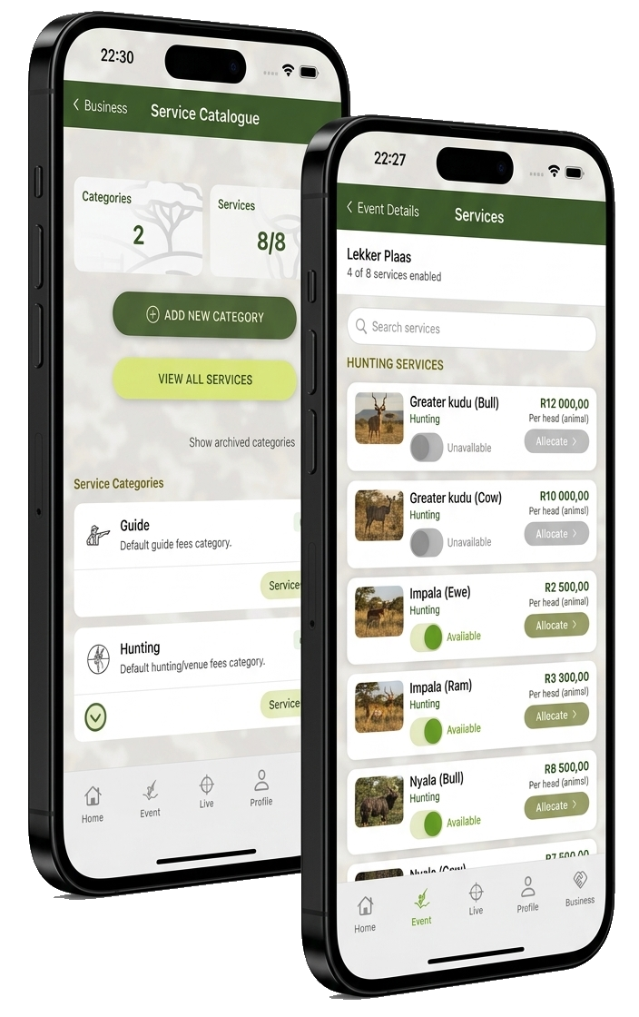 OnsJag Service Catalogue and event service allocation screens shown on mobile phones